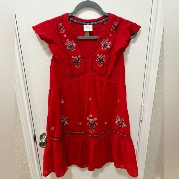 Knox Rose Red Ruffle Mini Dress Short Sleeve Embroidered Size XS boho - Picture 3 of 8